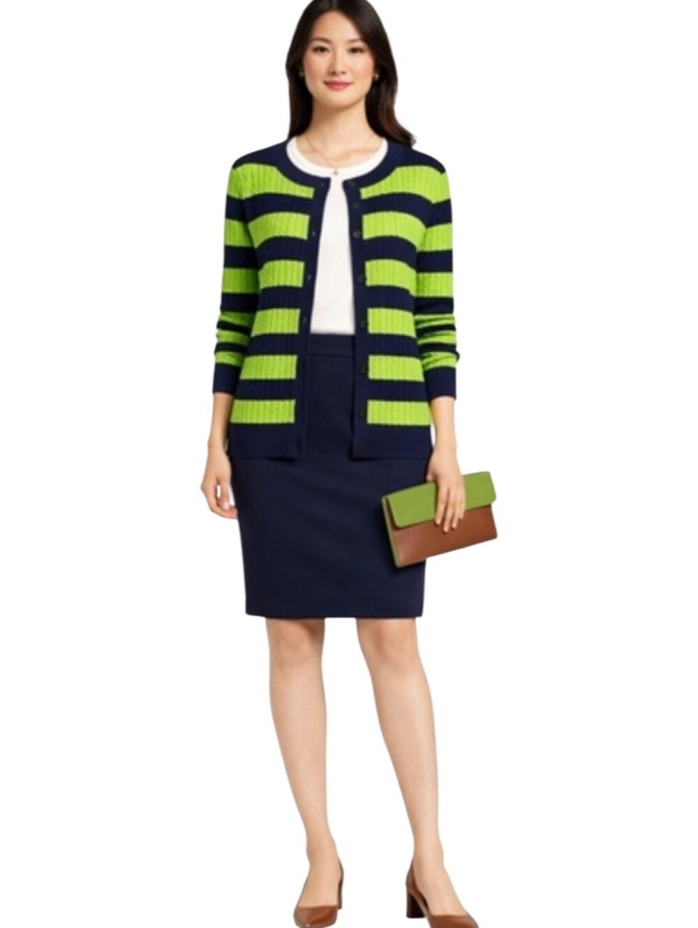 Talbots Green & Black Cable Knit Cardigan Sweater Size Small Petite
